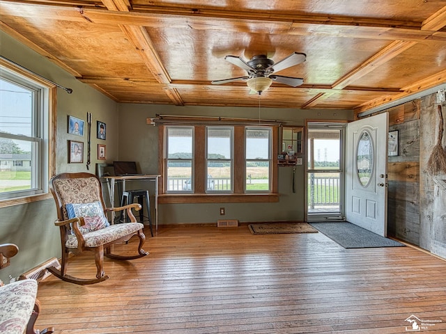9601 Exeter Rd, Carleton, MI 48117 - foyer entrance featuring hardwood / wood-style floors, wood ceiling, and ceiling fan