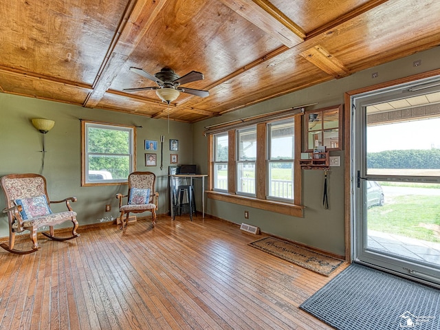 9601 Exeter Rd, Carleton, MI 48117 - sitting room featuring hardwood / wood-style flooring, wood ceiling, a ceiling fan, and baseboards