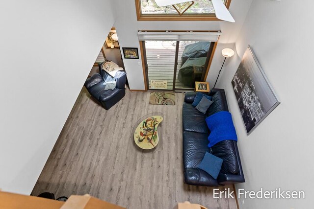 17879 Hidden Dunes Ln Unit D, Spring Lake, MI 49456 - living area with wood finished floors, a skylight, and baseboards