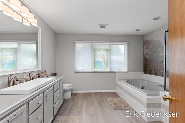 17879 Hidden Dunes Ln Unit D, Spring Lake, MI 49456 - bathroom with a garden tub, vanity, wood finished floors, toilet, and baseboards