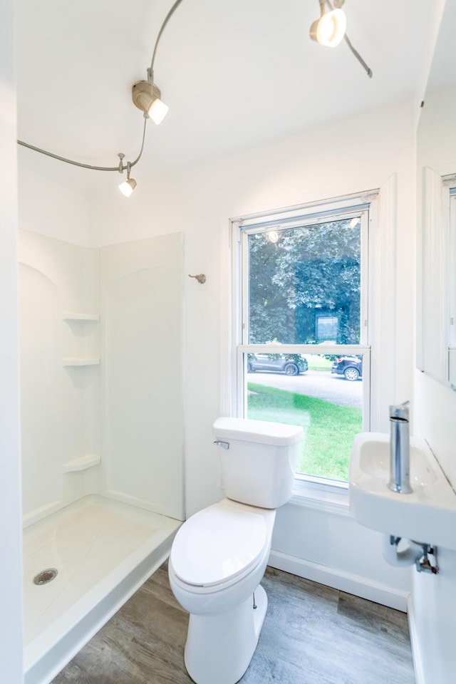 15551 Mason St, Union, MI 49130 - bathroom with a shower, plenty of natural light, toilet, and wood finished floors