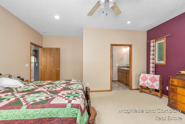 4349 Walter Rd, Wayland, MI 49348 - bedroom featuring light carpet, recessed lighting, a ceiling fan, and ensuite bathroom