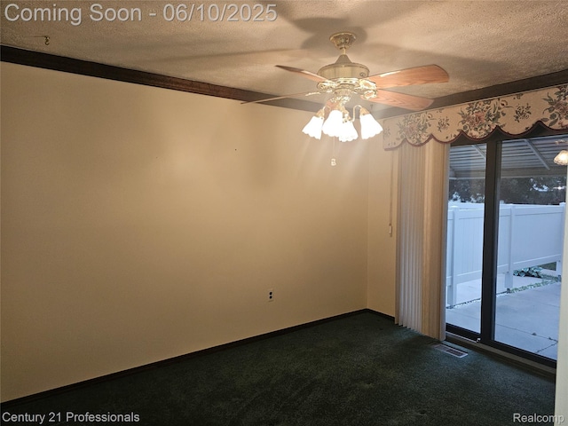 40859 Newport Dr, Plymouth, MI 48170 - empty room featuring a textured ceiling, dark carpet, a ceiling fan, and baseboards