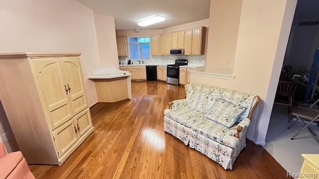 43573 E Perignon Dr N, Sterling Heights, MI 48314 - kitchen featuring stainless steel appliances, light countertops, wood finished floors, a peninsula, and tasteful backsplash