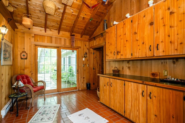 2900 Boyer Rd, Coloma, MI 49038 - kitchen with wooden walls, wood ceiling, baseboard heating, tile counters, and brown cabinetry