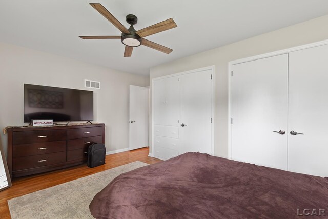 603 Outer Dr, Tecumseh, MI 49286 - bedroom with multiple closets, wood finished floors, baseboards, and a ceiling fan
