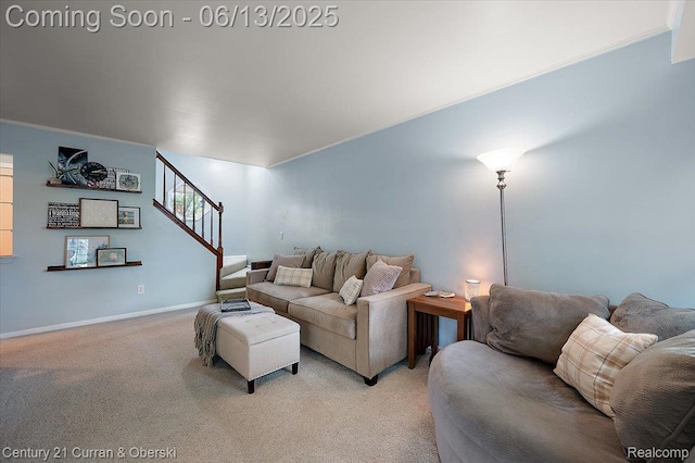 7456 N Kingston Ct, Westland, MI 48185 - living room featuring light colored carpet and stairway