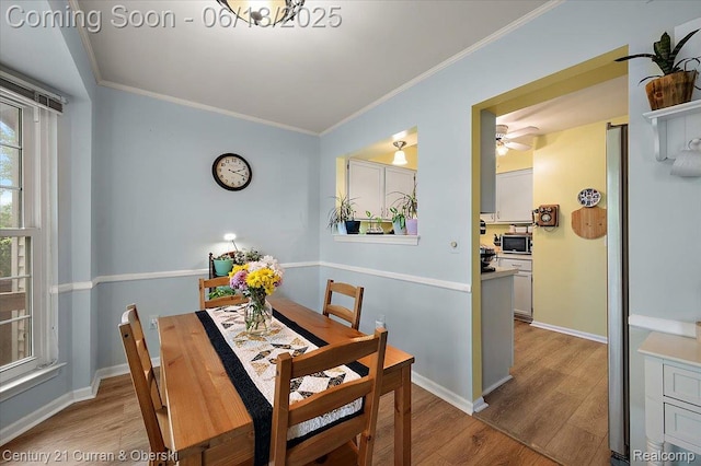 7456 N Kingston Ct, Westland, MI 48185 - dining space with wood finished floors, crown molding, and a ceiling fan