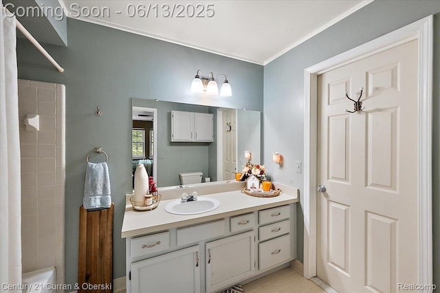7456 N Kingston Ct, Westland, MI 48185 - full bath with vanity,  shower combination, tile patterned flooring, and ornamental molding