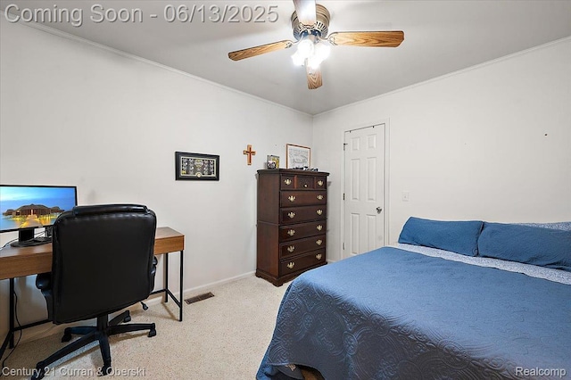 7456 N Kingston Ct, Westland, MI 48185 - bedroom featuring light colored carpet, an office area, ornamental molding, and a ceiling fan