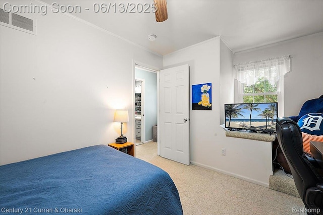 7456 N Kingston Ct, Westland, MI 48185 - carpeted bedroom featuring crown molding and a ceiling fan