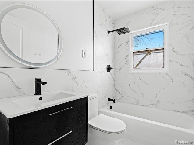 19468 Evergreen Rd, Detroit, MI 48219 - bathroom featuring tile walls, vanity, toilet, bathing tub / shower combination, and marble finish floors