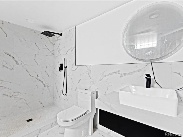 19468 Evergreen Rd, Detroit, MI 48219 - bathroom featuring marble look tile flooring, tile walls, toilet, vanity, and a marble finish shower