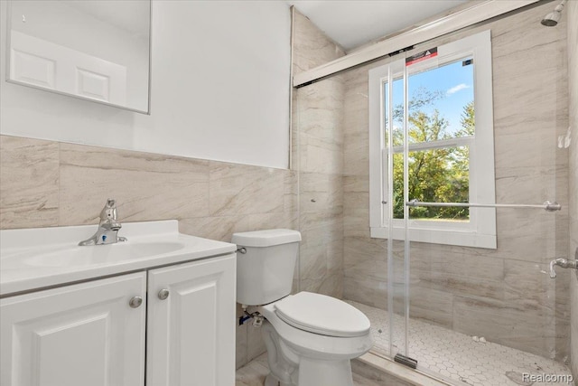 9207 Stout St, Detroit, MI 48228 - bathroom with vanity, tile walls, toilet, and a shower stall