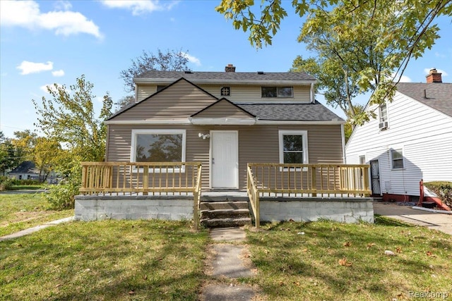 9207 Stout St, Detroit, MI 48228 - bungalow featuring a front lawn, roof with shingles, and a wooden deck