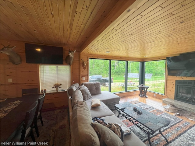 11755 Jakob Ln, Lachine, MI 49753 - living area with wooden walls, wooden ceiling, wood finished floors, and a glass covered fireplace