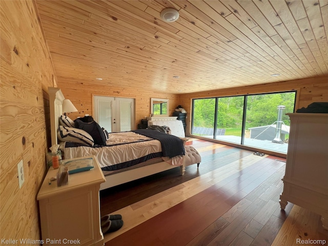 11755 Jakob Ln, Lachine, MI 49753 - bedroom featuring access to exterior, wooden ceiling, wood walls, and hardwood / wood-style floors