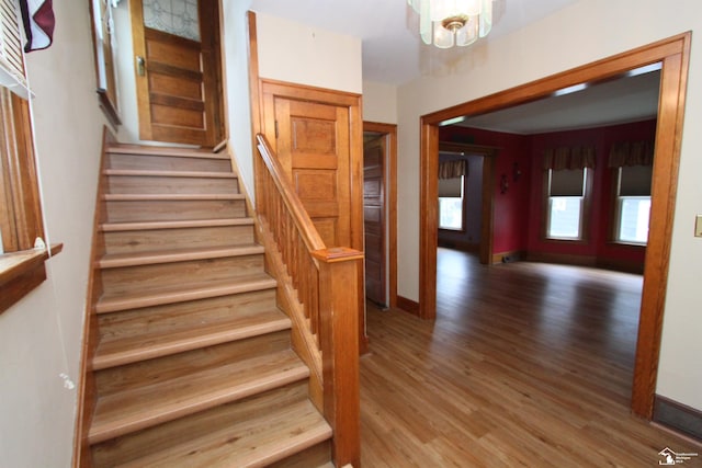 633 Scott St, Monroe, MI 48161 - stairway with wood finished floors, baseboards, and a chandelier