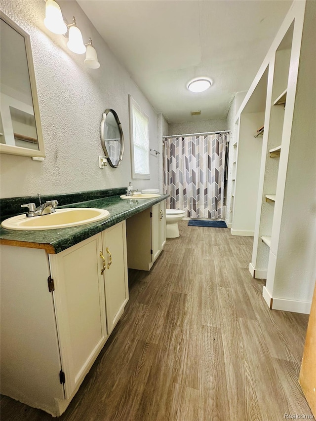 6196 W Plains Rd, Eaton Rapids, MI 48827 - full bathroom with wood finished floors, double vanity, toilet, and a shower with curtain