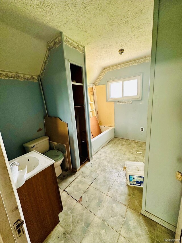 6196 W Plains Rd, Eaton Rapids, MI 48827 - bathroom featuring toilet, vanity, a tub, and a textured ceiling