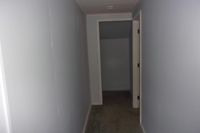 602 Fairview Ave, Manistee, MI 49660 - corridor featuring dark carpet, baseboards, and crown molding