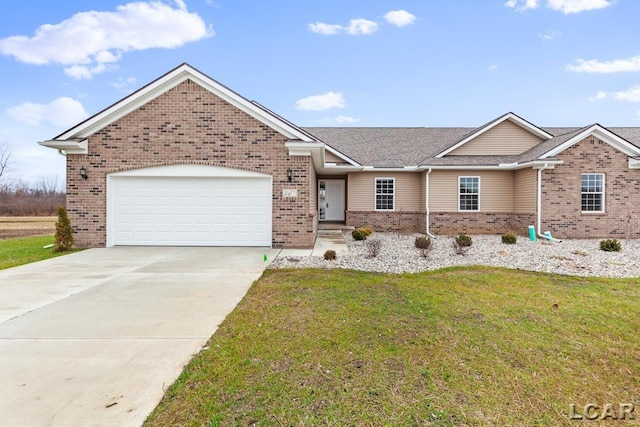 2819 Eunice Cir, Adrian, MI 49221 - ranch-style home with brick siding, a garage, a front yard, and driveway