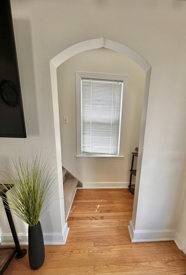 26314 E St, Saint Clair Shores, MI 48081 - hallway with light wood-style floors, baseboards, and arched walkways