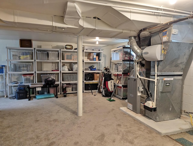 26314 E St, Saint Clair Shores, MI 48081 - basement with heating unit, carpet floors, and concrete block wall