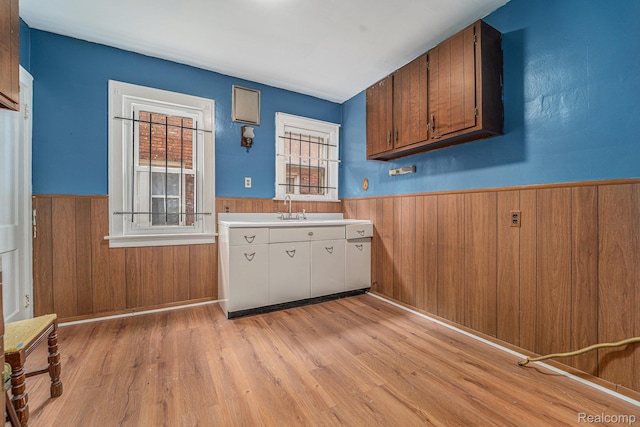 74 W Dakota, Highland Park, MI 48203 - kitchen featuring wainscoting, light wood finished floors, wood walls, a sink, and light countertops
