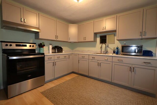 113 S Park St, Union City, MI 49094 - kitchen featuring stainless steel appliances, under cabinet range hood, light wood-type flooring, and light countertops