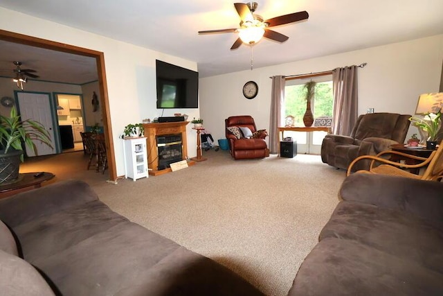 113 S Park St, Union City, MI 49094 - living room with a ceiling fan, a glass covered fireplace, and carpet