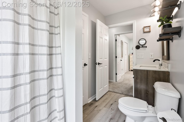 6287 Woodring Ct, Brighton, MI 48116 - bathroom featuring toilet, wood finished floors, vanity, and a shower with shower curtain
