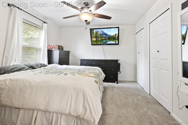 6287 Woodring Ct, Brighton, MI 48116 - bedroom featuring light colored carpet, baseboards, a ceiling fan, and two closets