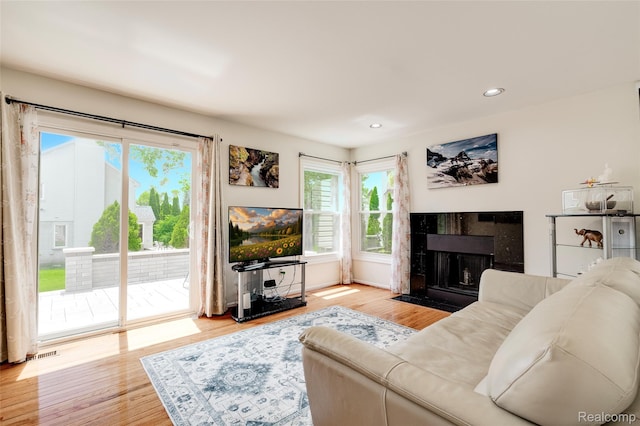 39719 Squire Rd, Novi, MI 48375 - living room featuring a fireplace, wood finished floors, and recessed lighting