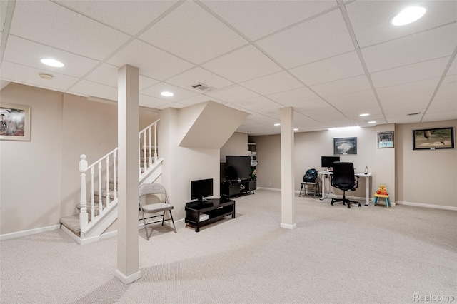 39719 Squire Rd, Novi, MI 48375 - living area featuring carpet floors, baseboards, a paneled ceiling, recessed lighting, and stairway