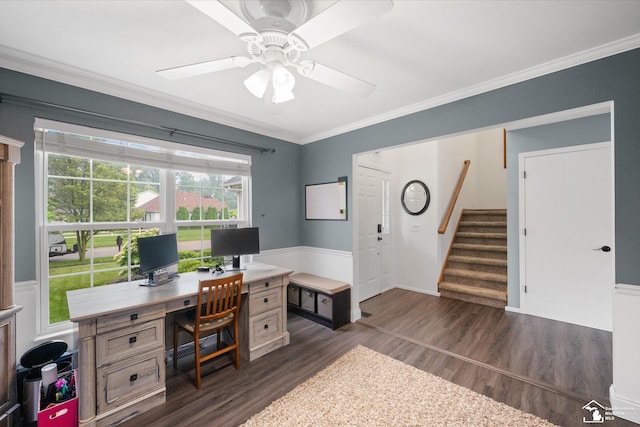 773 Hunting Creek Rd, Temperance, MI 48182 - office area featuring dark wood-style flooring, crown molding, and ceiling fan