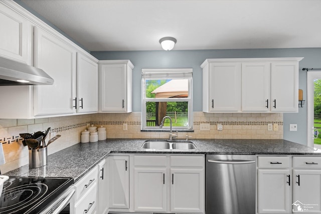 773 Hunting Creek Rd, Temperance, MI 48182 - kitchen with stainless steel dishwasher, range with electric cooktop, a sink, white cabinetry, and tasteful backsplash