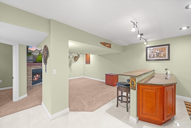 773 Hunting Creek Rd, Temperance, MI 48182 - indoor bar with light carpet, baseboards, a stone fireplace, and rail lighting