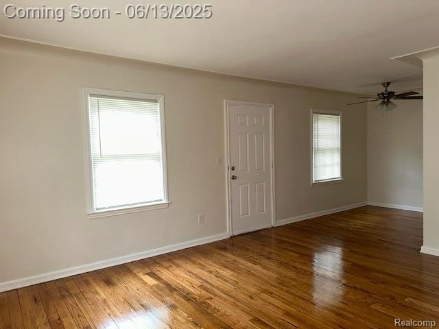 19628 Elkhart St, Harper Woods, MI 48225 - empty room with wood-type flooring, baseboards, and ceiling fan