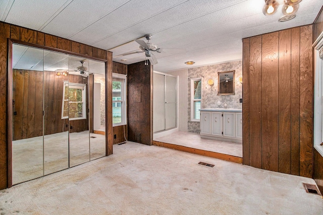 180 Bonnie St, Ludington, MI 49431 - unfurnished bedroom featuring wooden walls, carpet flooring, ceiling fan, and ensuite bath