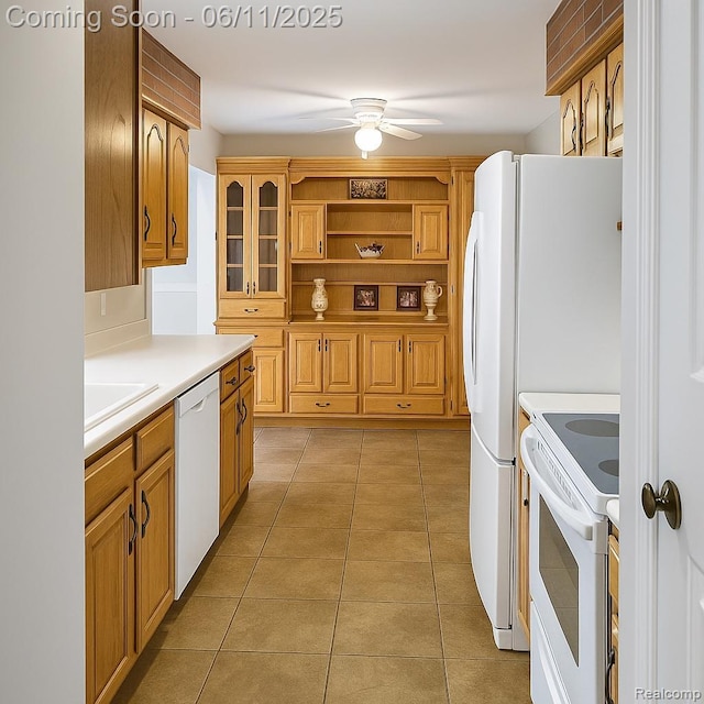 3161 Eastgate St, Burton, MI 48519 - kitchen featuring white appliances, a ceiling fan, light countertops, light tile patterned floors, and open shelves