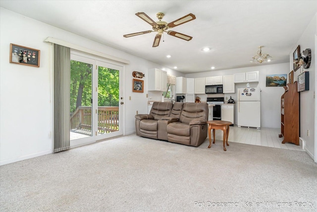376 Stauffer Dr, Hastings, MI 49058 - living room with light carpet, recessed lighting, a ceiling fan, and baseboards
