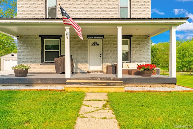 5668 Mill St, Peck, MI 48466 - entrance to property featuring a porch, stone siding, and a lawn