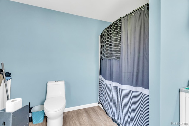 5668 Mill St, Peck, MI 48466 - bathroom with wood finished floors, toilet, baseboards, and a shower with curtain