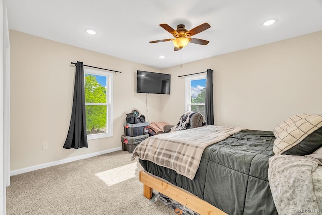 5668 Mill St, Peck, MI 48466 - bedroom featuring multiple windows, baseboards, carpet, recessed lighting, and a ceiling fan