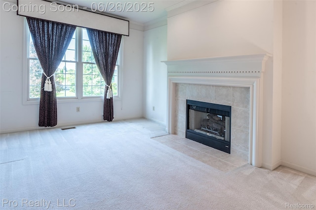 4233 Holly Ln, Rochester, MI 48306 - unfurnished living room featuring carpet flooring, ornamental molding, and a tile fireplace