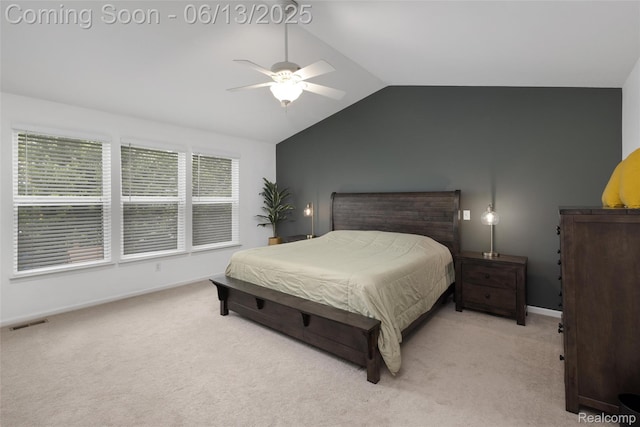 18885 English Ivy Dr, Macomb, MI 48042 - bedroom with lofted ceiling, light colored carpet, a ceiling fan, and baseboards
