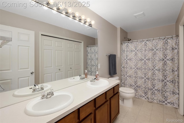 18885 English Ivy Dr, Macomb, MI 48042 - bathroom with double vanity, toilet, tile patterned flooring, and a shower with curtain
