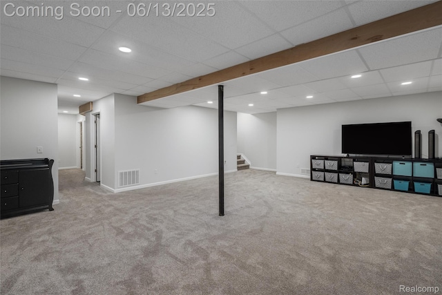 18885 English Ivy Dr, Macomb, MI 48042 - finished below grade area featuring carpet, stairs, recessed lighting, a paneled ceiling, and baseboards