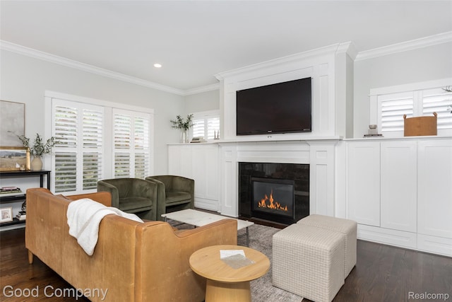 1017 N Maple Ave, Royal Oak, MI 48067 - living area featuring crown molding, dark wood finished floors, a tile fireplace, and recessed lighting
